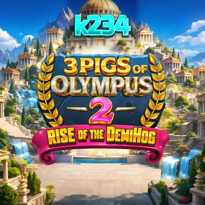 Tampilan visual slot 3 Pigs of Olympus 2 dengan latar belakang kuil Olympus yang megah dan karakter babi pahlawan.